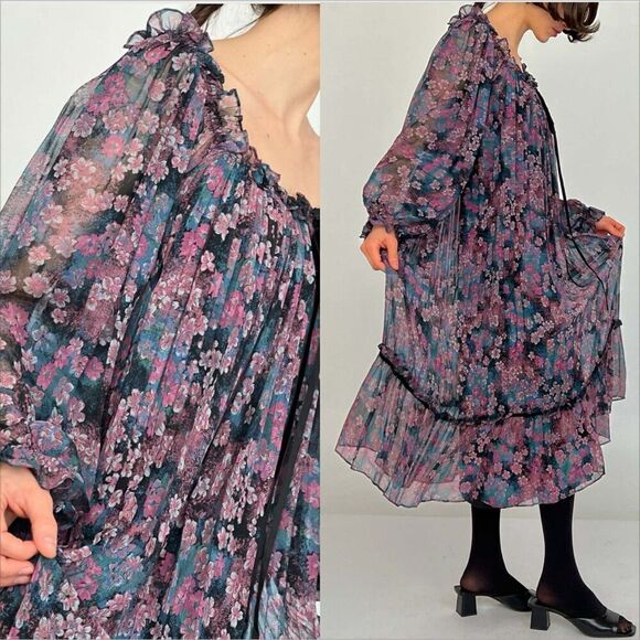 Vintage Union Made Pleated Midi Dress Size 4 Dark Floral Purple Fairy 70s 80s - Picture 3 of 12